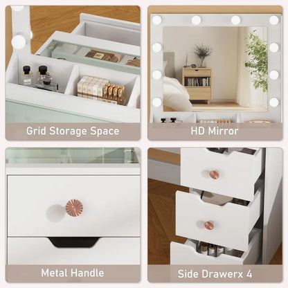 White Vanity Desk W/ Mirror & Lights, Glass Top, 5 Drawers, 3 Modes Dimmable LED