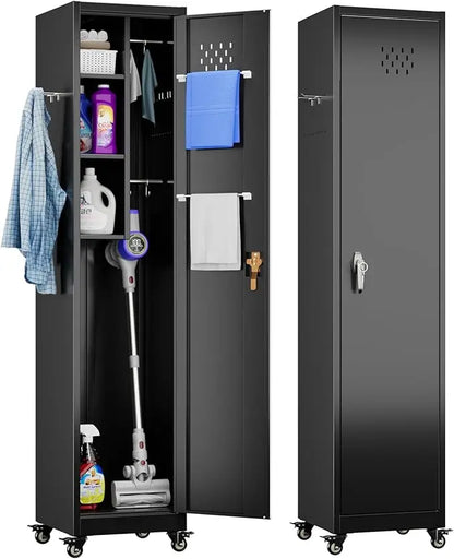 72'' Metal Broom Closet Storage Cabinet w/ Wheels & Pegboards