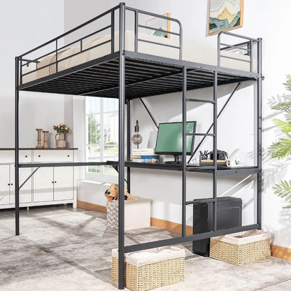 Full Size Metal Loft Bunk Bed Frame for Kids Teens Adults with Desk Underneath,2 Charging Station,LED Lights,Safety Guardrail a