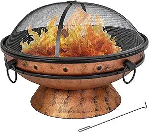 Sunnydaze 30-Inch Large Outdoor Fire Pit - Wood Burning Fire Pit for Outside with Poker and Screen - Copper Finish - Royal Cauld