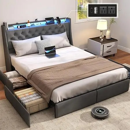 queen size metal bed frame W /storage headboard, 4 drawers, led lights & charging station