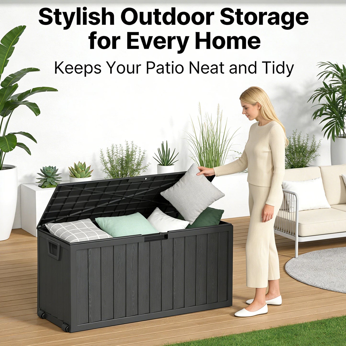 35/75 Gallon Resin Outdoor Storage Box with Handles Garden Tools