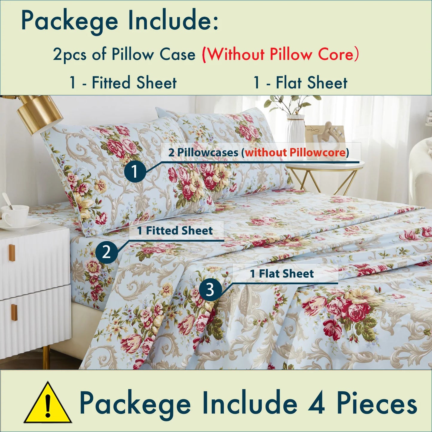 4pcs 600 TC 100% Cotton Fitted Sheet Set Soft Breathable and Skin-friendly