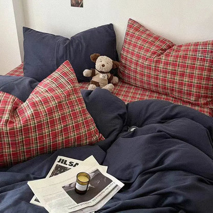 Bedding Set Ambiance Blue Coffee Grid Mixed W / Washed Cotton Fitted Sheets Duvet Cover