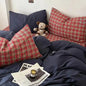 Bedding Set Ambiance Blue Coffee Grid Mixed W / Washed Cotton Fitted Sheets Duvet Cover