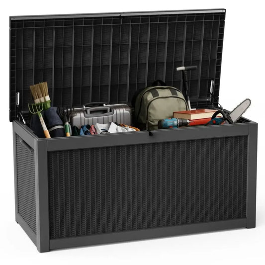320 Gallon Deck Box, Outdoor Large Waterproof Resin Storage Box W/ Lockable Lid