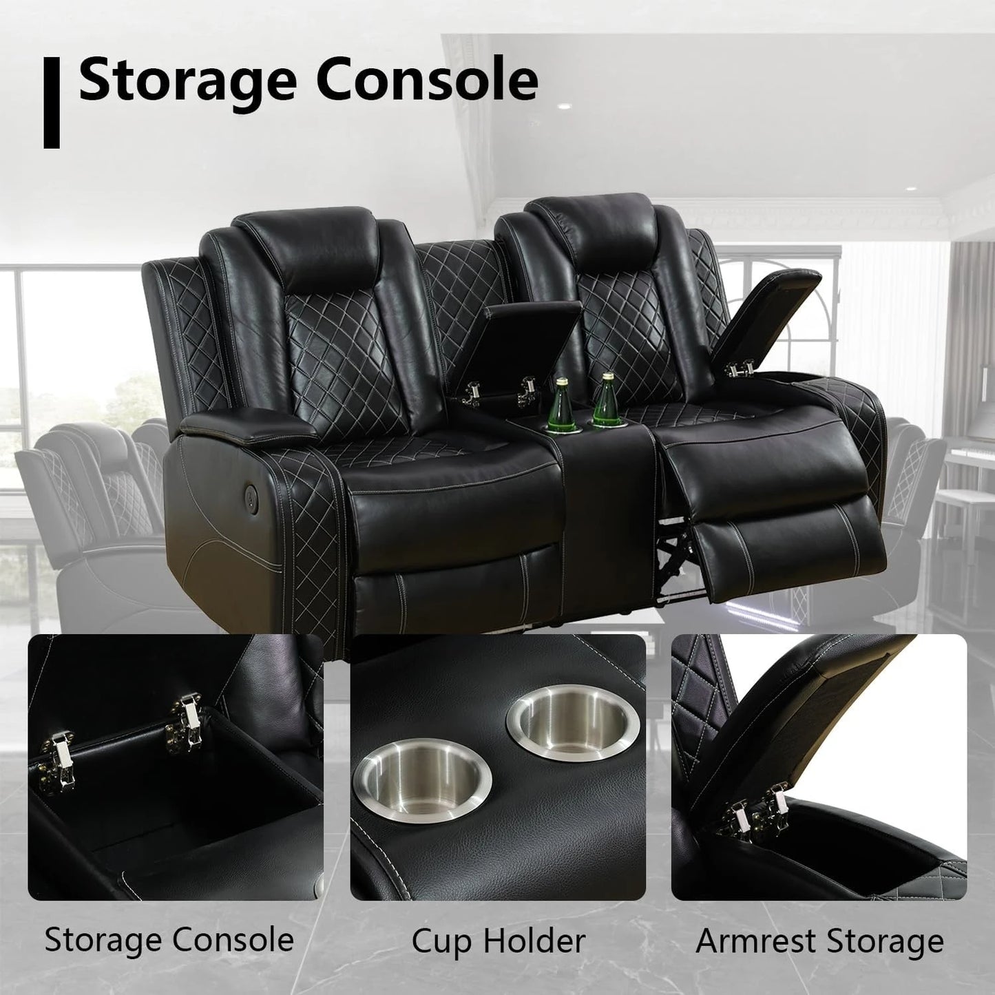 Power Recliner Sofa Set with LED Light, Black Leather Reclining Sofa and Loveseat Set 3-Seater Sofa