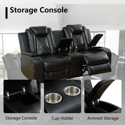 Power Recliner Sofa Set with LED Light, Black Leather Reclining Sofa and Loveseat Set 3-Seater Sofa