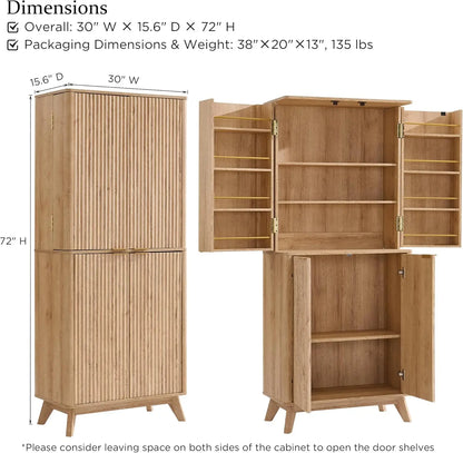 72"Fluted Pantry Storage Cabinet Adjustable, Curved Profile