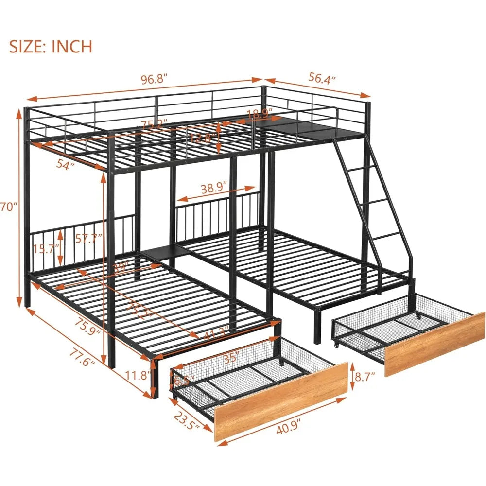 triple bunk bed with drawers, guardrails, full over twin & twin for three, space-saving design
