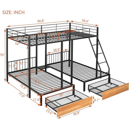 triple bunk bed with drawers, guardrails, full over twin & twin for three, space-saving design