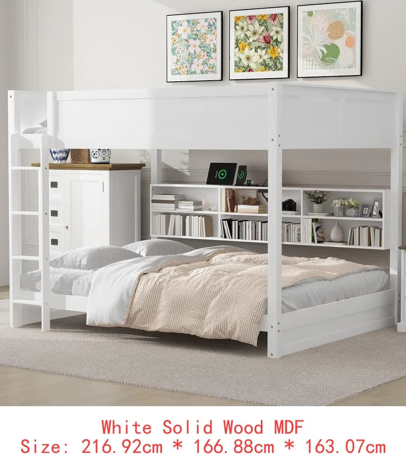Queen Over Queen Bunk Bed with Storage, USB Ports, Antique Finish
