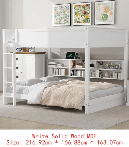 Queen Over Queen Bunk Bed with Storage, USB Ports, Antique Finish