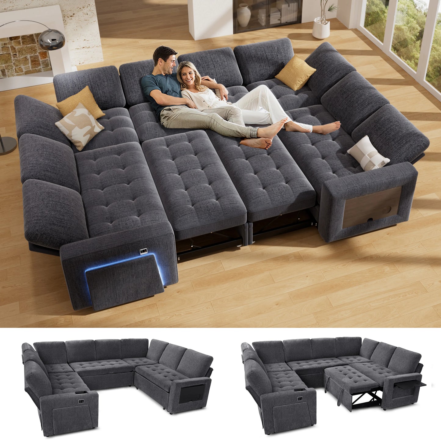 U-Shaped Modular Sectional (8-Seat) - Pull Out Bed Sleeper, Reclining Backrest, USB Ports, LED Light, Storage Seat