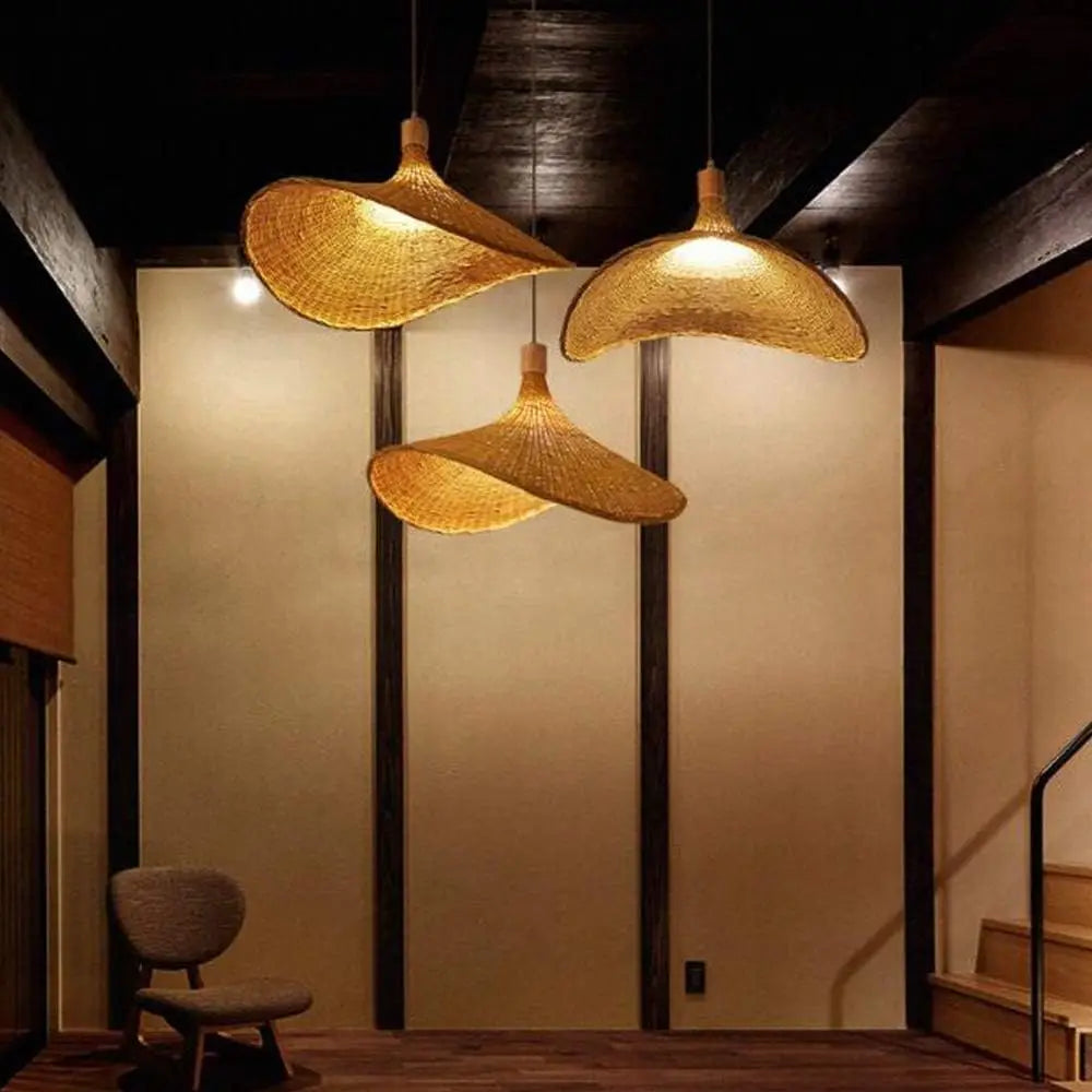 50/60cm Bamboo Weaving Chandelier Wicker Lampshade Pendant Light Retro Rattan Handwoven Hanging Lamp Hat-Shaped E27 Pendant Lamp