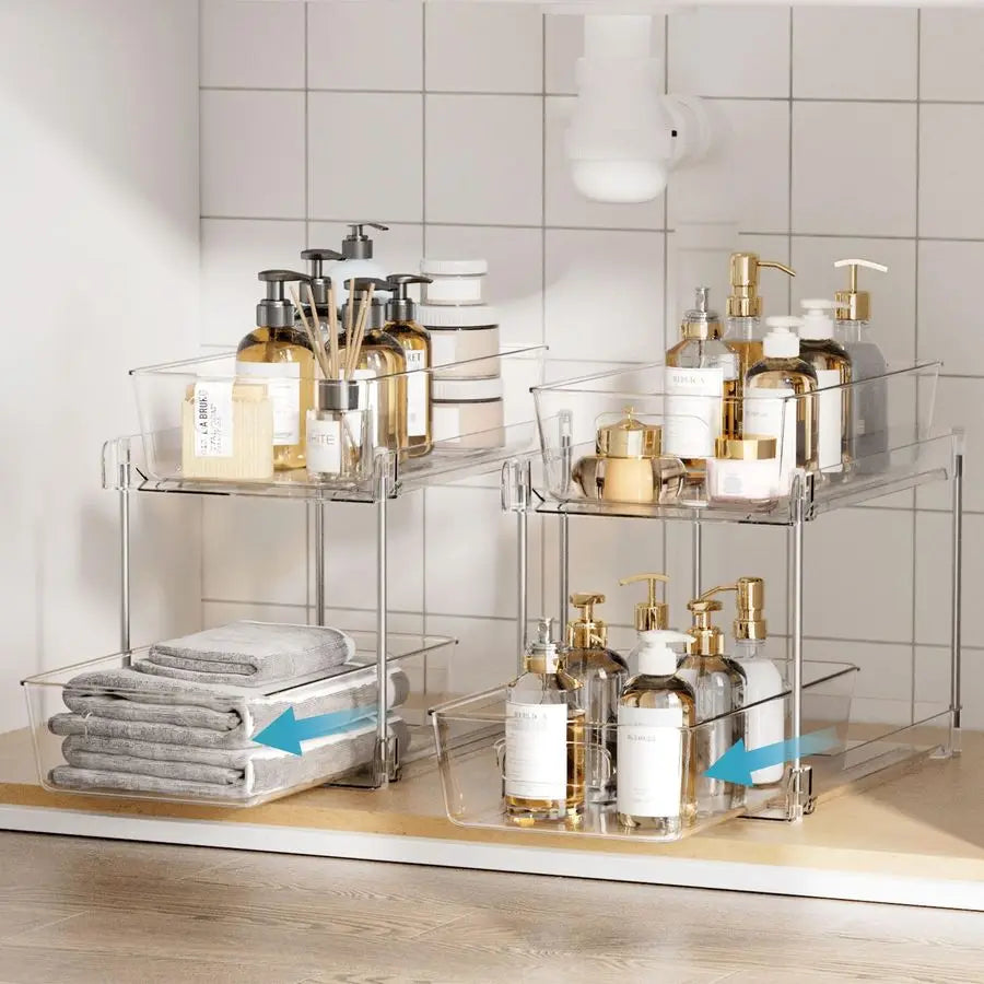 4 Pack Bathroom Organizer, 2 Tier Clear Under Sink Organizers Pullouts