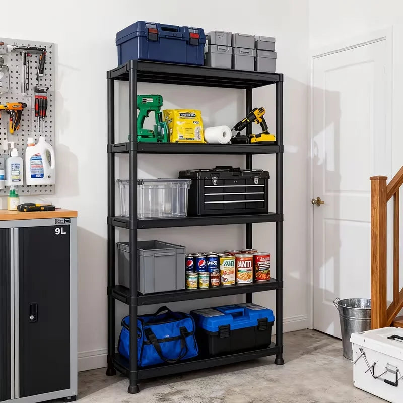 5-Layer Black Plastic Storage Rack Heavy Duty Adjustable Shelving