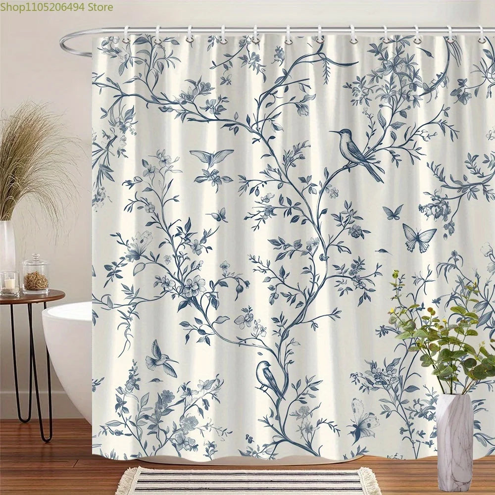 1pc Vintage Floral Shower Curtain - Elegant Blue Branches & Birds