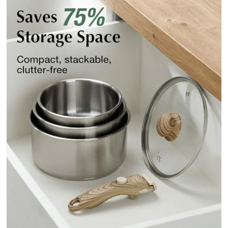 Stainless Steel Saucepan Set 1.5QT and 2QT and 3QT Stainless Steel Pot with Removable Handle