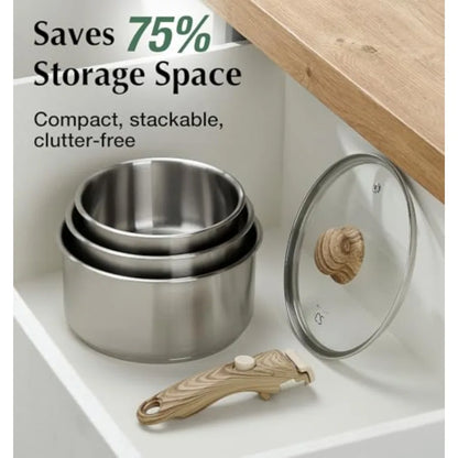 Stainless Steel Saucepan Set 1.5QT and 2QT and 3QT Stainless Steel Pot with Removable Handle