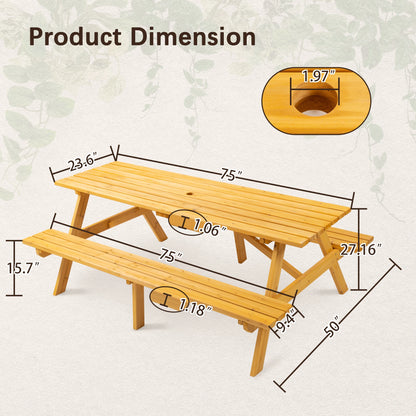 8 Person Wooden Picnic Table, Outdoor Camping Dining Table with 2 Seats, Garden, DIY with 2 Built-in Benches, 2220lb Capac