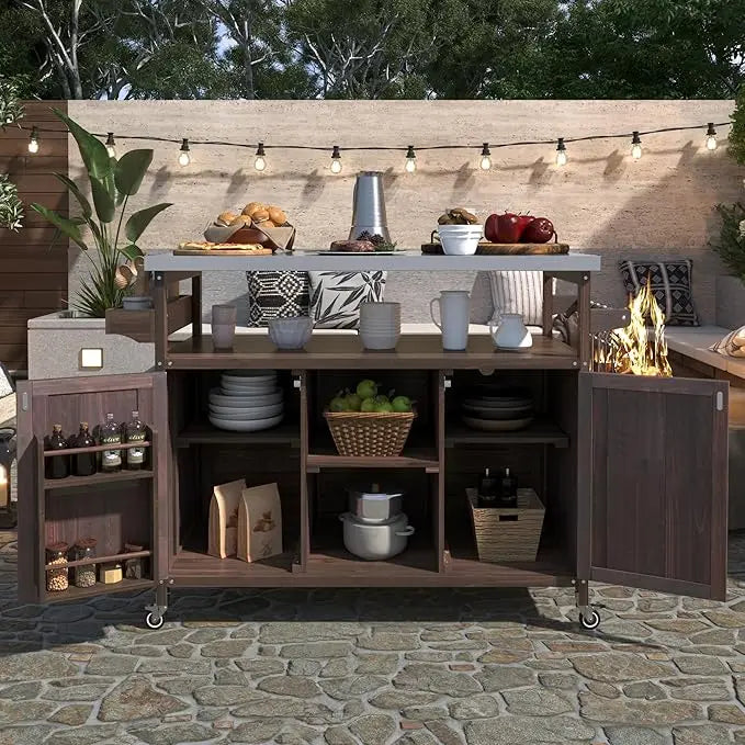 Outdoor Kitchen Island, Rolling Bar Cart & Storage Cabinet, Farmhouse Solid Wood Outdoor Grill Table with Stainless Steel Top,