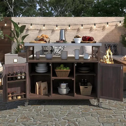 Outdoor Kitchen Island, Rolling Bar Cart & Storage Cabinet, Farmhouse Solid Wood Outdoor Grill Table with Stainless Steel Top,