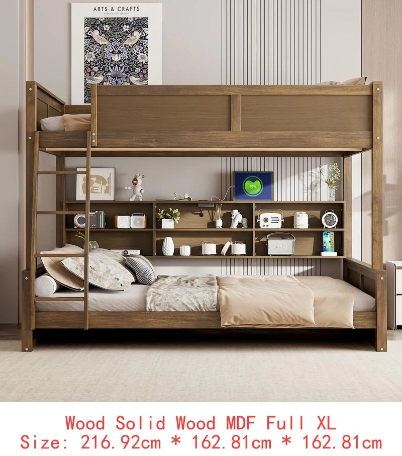 Queen Over Queen Bunk Bed with Storage, USB Ports, Antique Finish