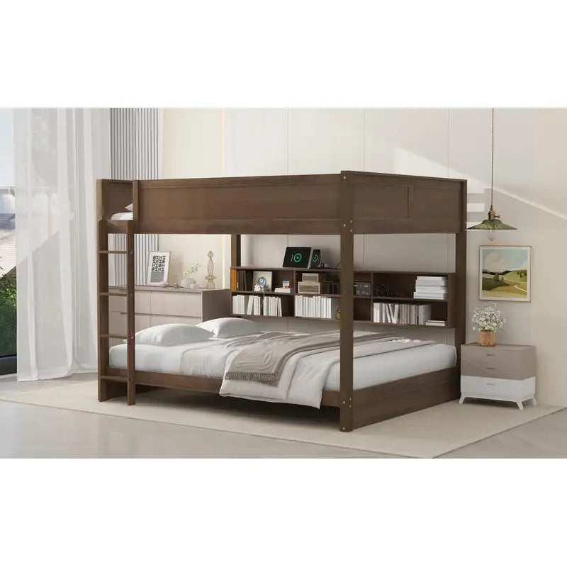 Queen Over Queen Bunk Bed with Storage, USB Ports, Antique Finish