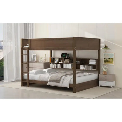 Queen Over Queen Bunk Bed with Storage, USB Ports, Antique Finish