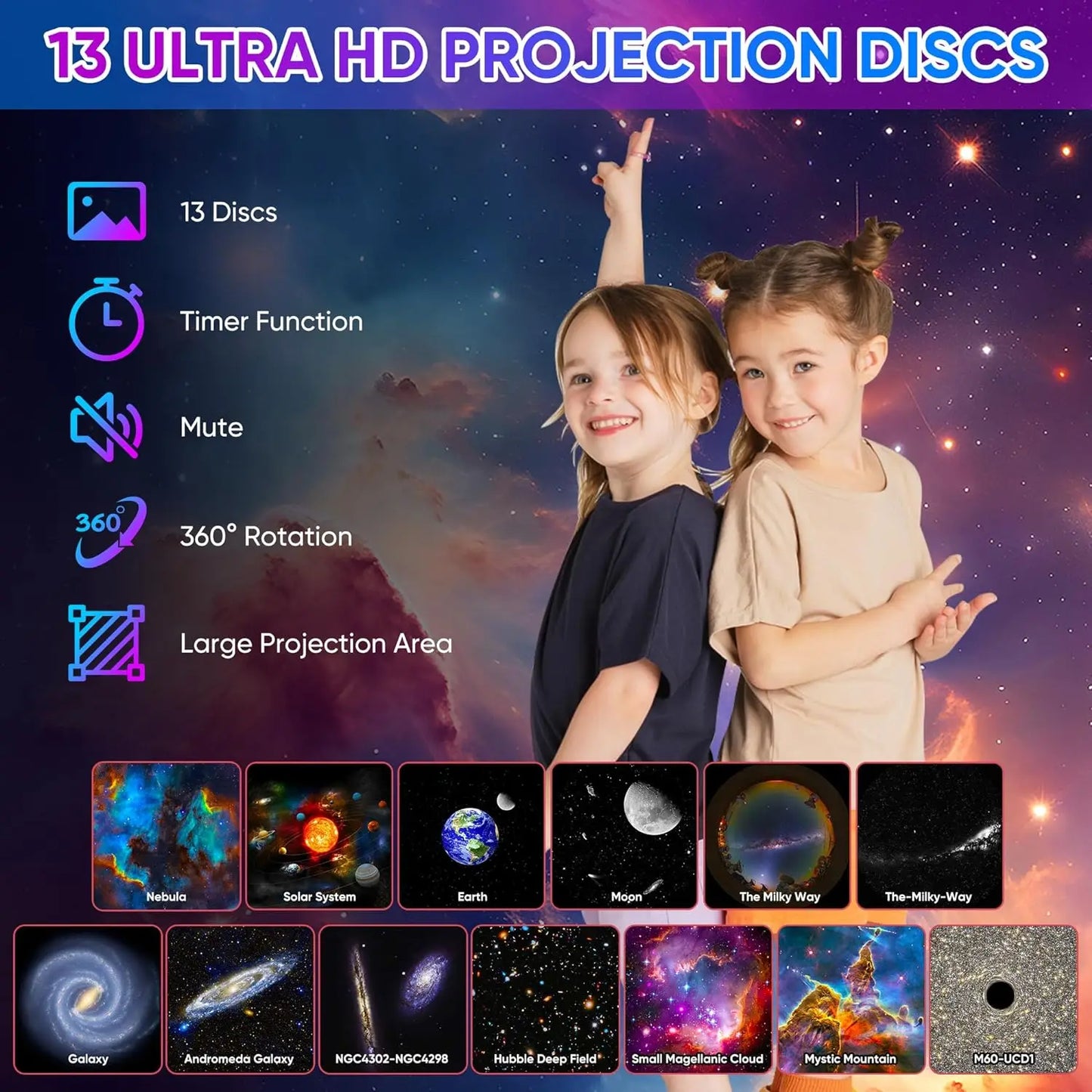 1 Galaxy Ultra Star Projector HD Image Area LED Night Light, 13 Film Discs,360° Rotate 1/2h Timer