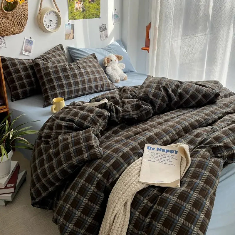 Bedding Set Ambiance Blue Coffee Grid Mixed W / Washed Cotton Fitted Sheets Duvet Cover