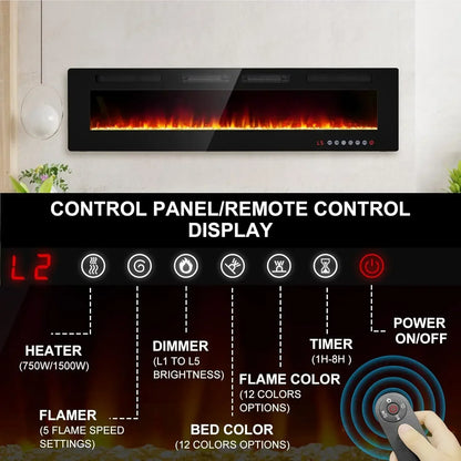 72” Recessed and Wall Mounted Fire Places Electric Fireplace with Remote Control, Toucn Screen