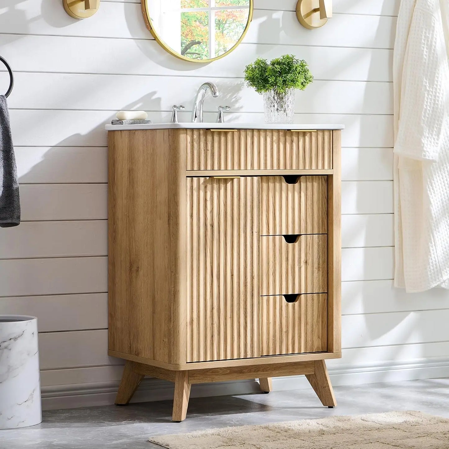 24" Fluted Bathroom Vanity with Ceramic Sink Combo Freestanding
