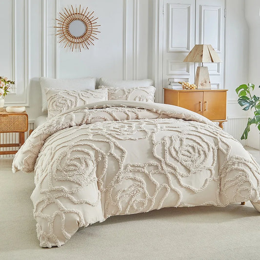3D Rose Floral Tufted Duvet Cover Set High Quality Microfiber Bedding Set