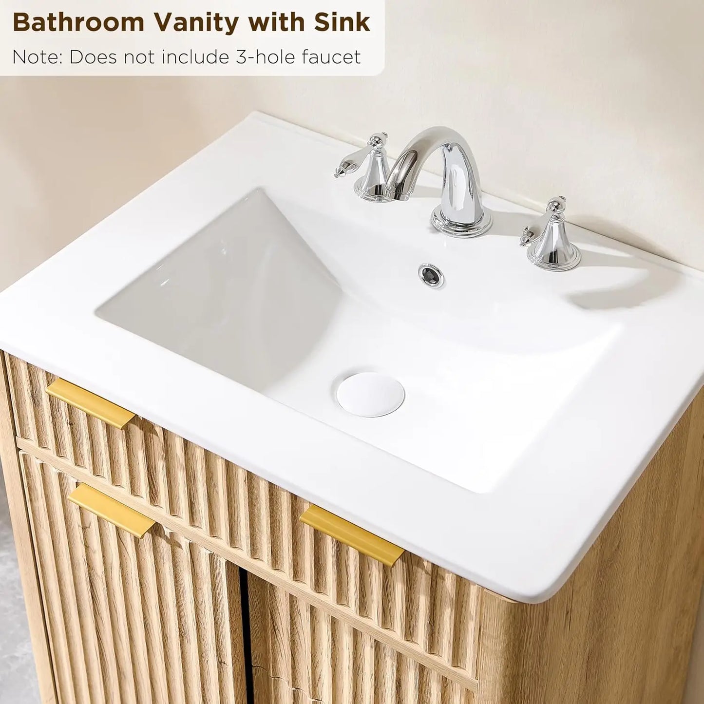 24" Fluted Bathroom Vanity with Ceramic Sink Combo Freestanding