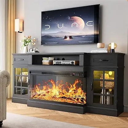 Oenomel 70 Fireplace TV Stand with 3-Sided Glass Fireplace, Modern Wood Entertainment Center with LED Lights and Glass Door, 36