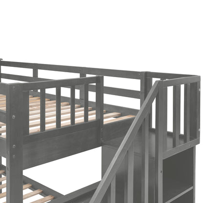 Stairway Twin-Over-Full Bunk Bed W / Drawer, Storage and Guard Rail for Bedroom, Dorm, for Adults