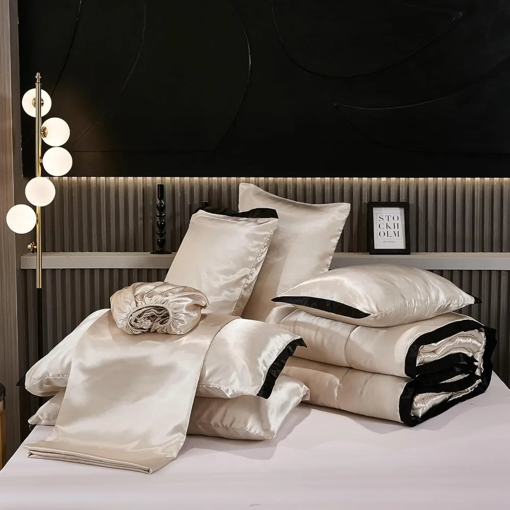 Satin King Comforter Set Silk Like Beige Bedding Comforter 8 Pieces Luxury Bed Sheet