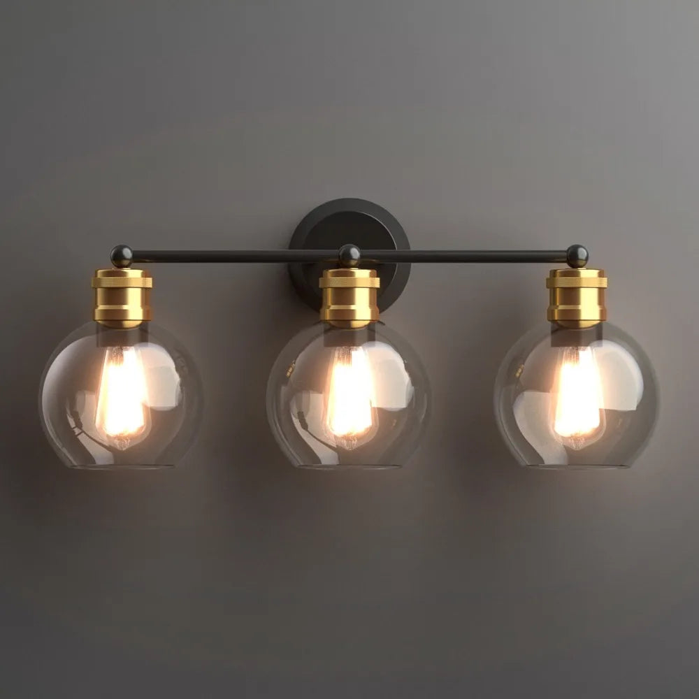 3-light Vanity Bathroom Light w/ 7" Round Clear Glass Shade Vintage Wall Sconce