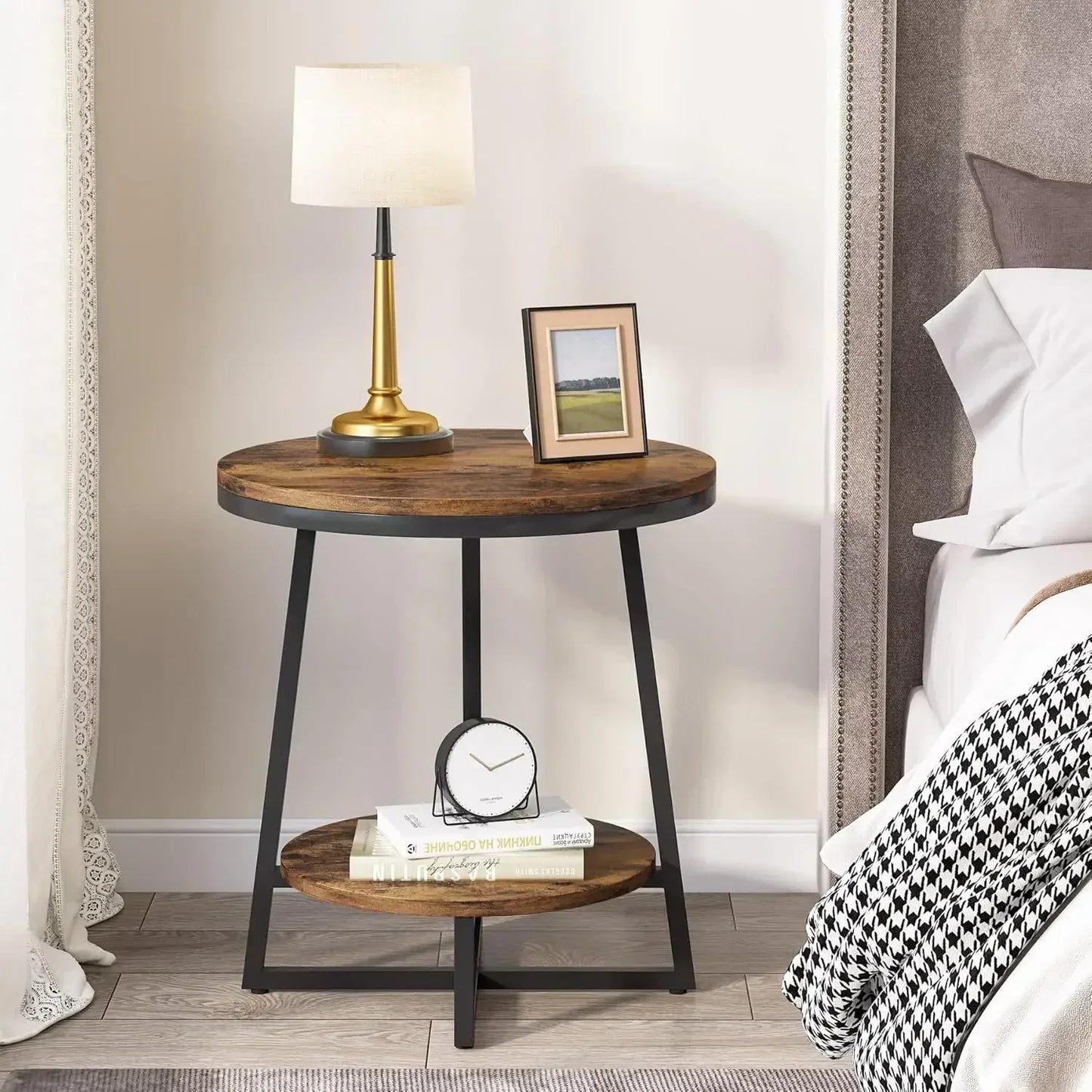 Customizable End Table, 2 Tier Round Side Table with Storage Shelf