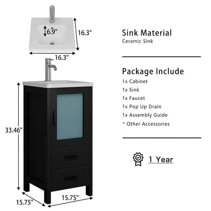 16" Modern Black Bathroom Vanity with Sink Faucet Drain