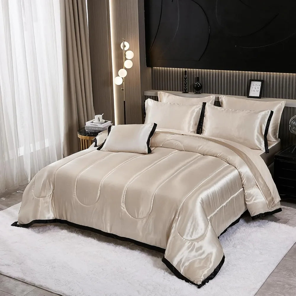 Satin King Comforter Set Silk Like Beige Bedding Comforter 8 Pieces Luxury Bed Sheet