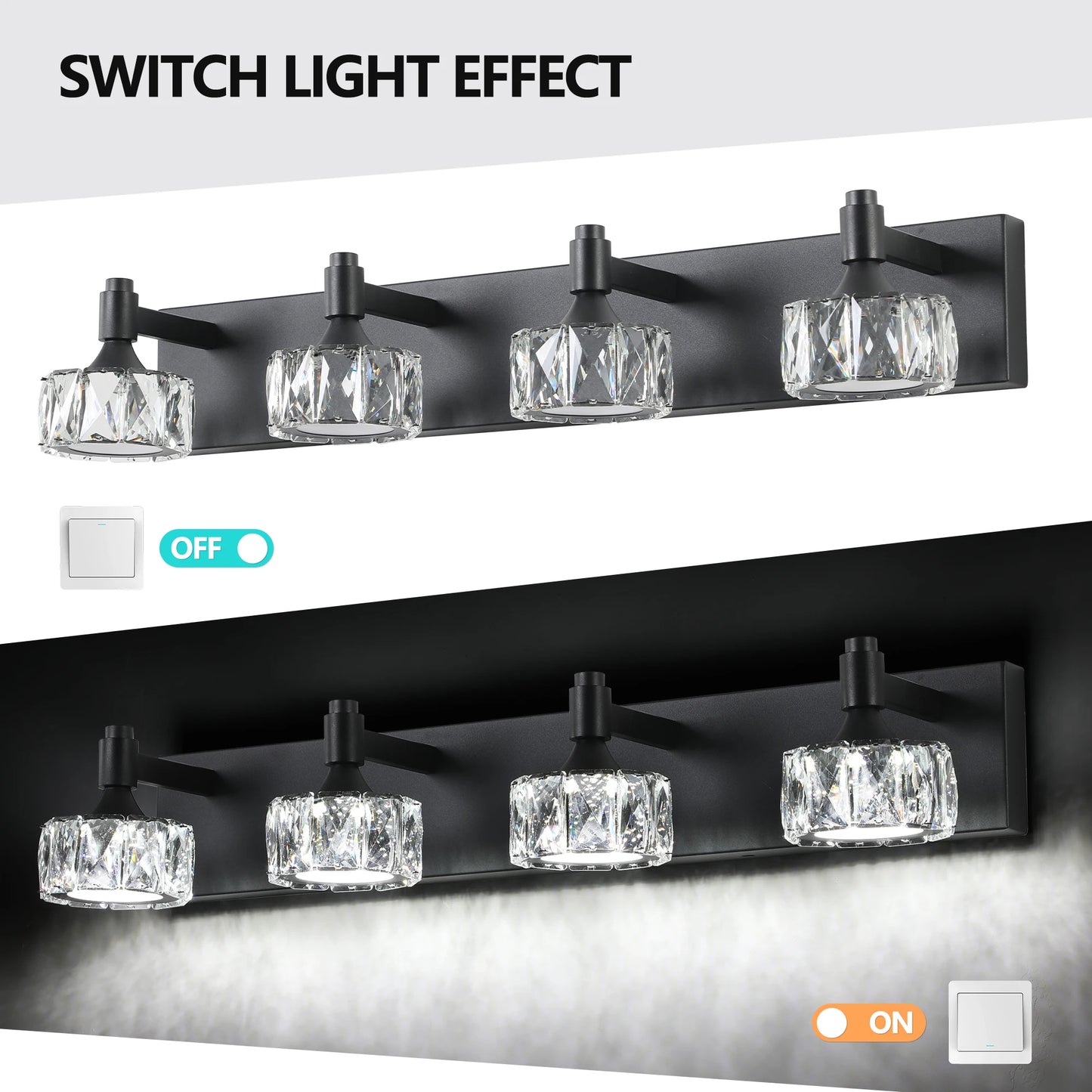 LED Vanity Light Modern 4-Light Matte Black Fixture with Crystal Glass Shades