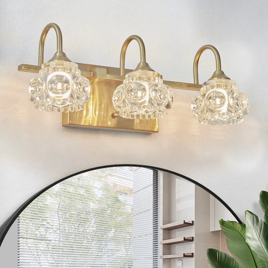 3-Light Crystal Bathroom Golden Wall Sconce with Clear Glass Shade