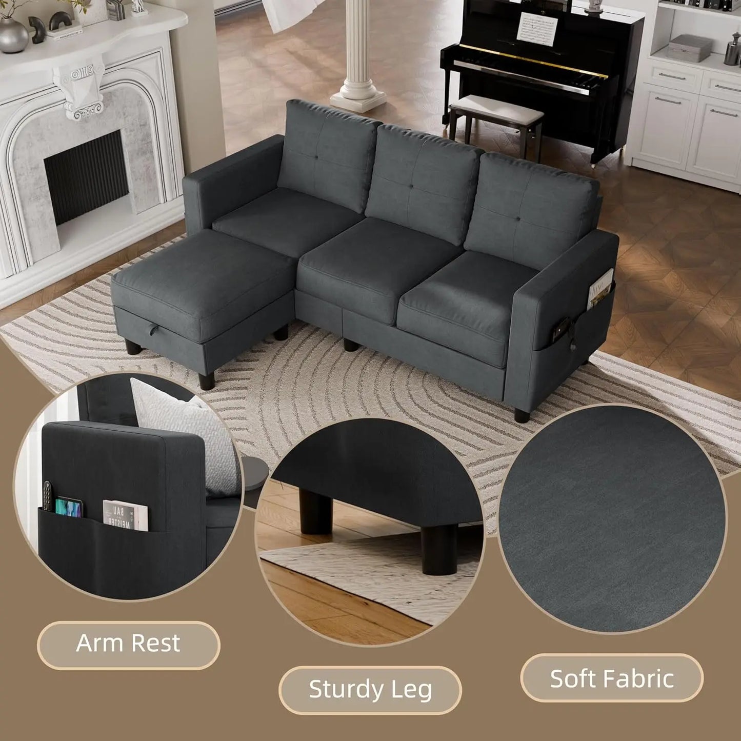L-Shaped Couch 3 Seat Sofa Set W/ Linen Fabric & Ottoman Small Couch