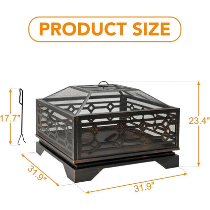 Outdoor Fire Pit, 32 Inch Wood Burning Firepit for Outside with Mesh Cover