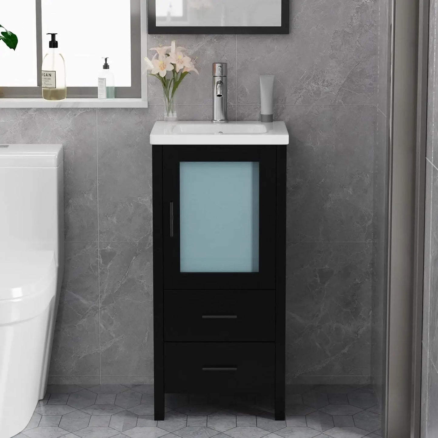 16" Modern Black Bathroom Vanity with Sink Faucet Drain