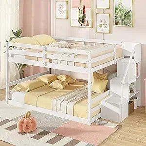 Solid wood full over full bunk bed W / staircase, storage and full-length guardrails, low loft bed