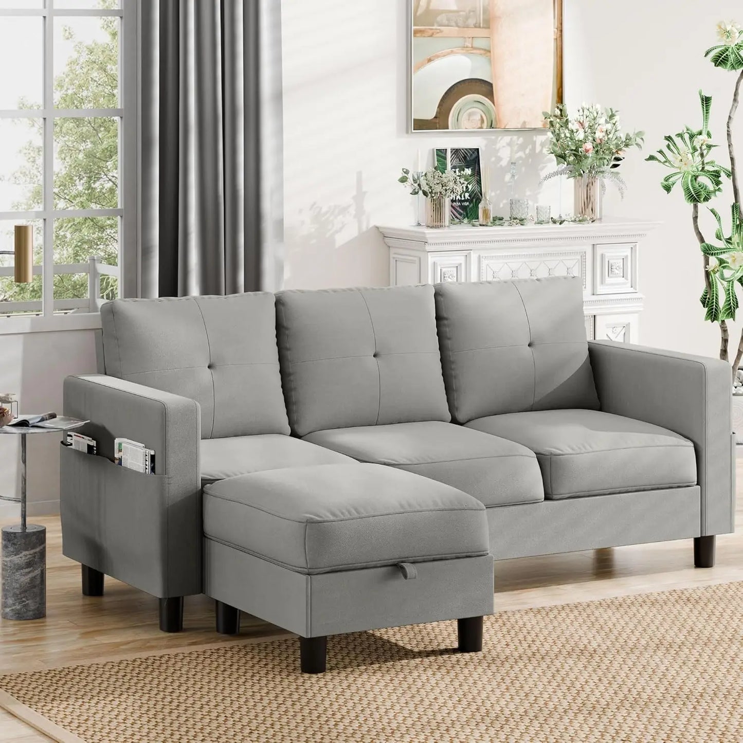 L-Shaped Couch 3 Seat Sofa Set W/ Linen Fabric & Ottoman Small Couch